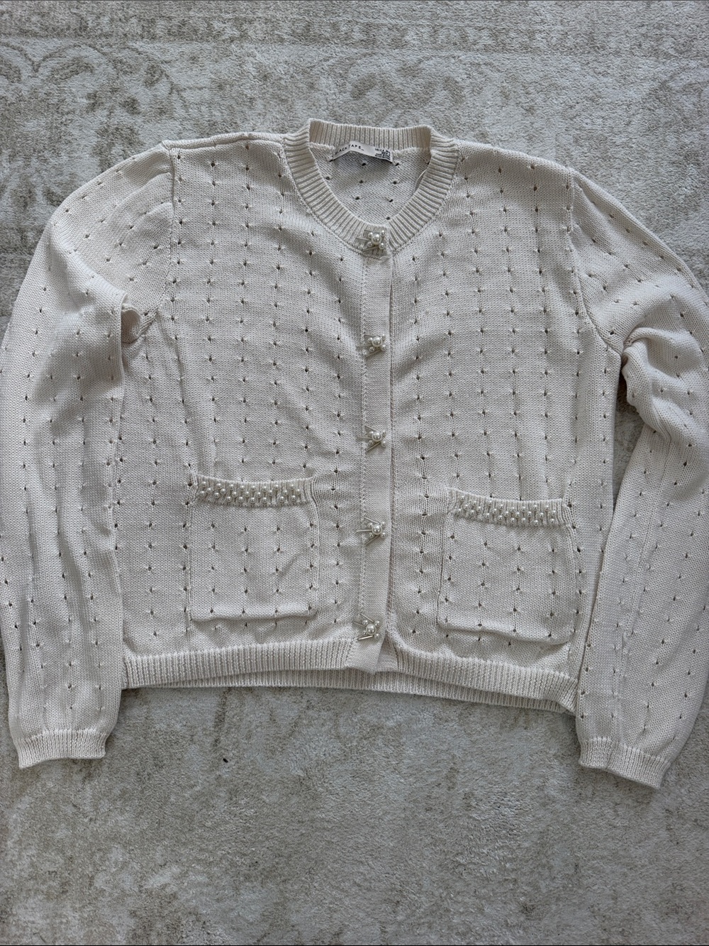 Black Tape_ Cream Pearl-Trim Knit Cardigan